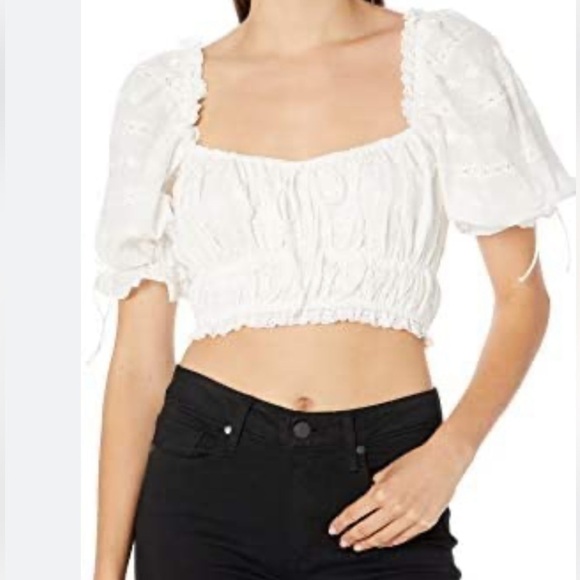 Rehab Lab White Puff Sleeve Crop Top Sz Medium Ruche Front Zip Back - Picture 1 of 7